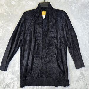 Ruby Rd Open Front Velvet Sweater Cardigan Large Black Scalloped Hem
